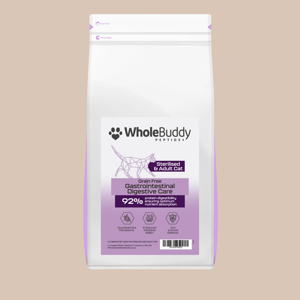 WholeBuddy Peptide+ Cat Gastrointestinal Digestive Care grain free dry cat food bag