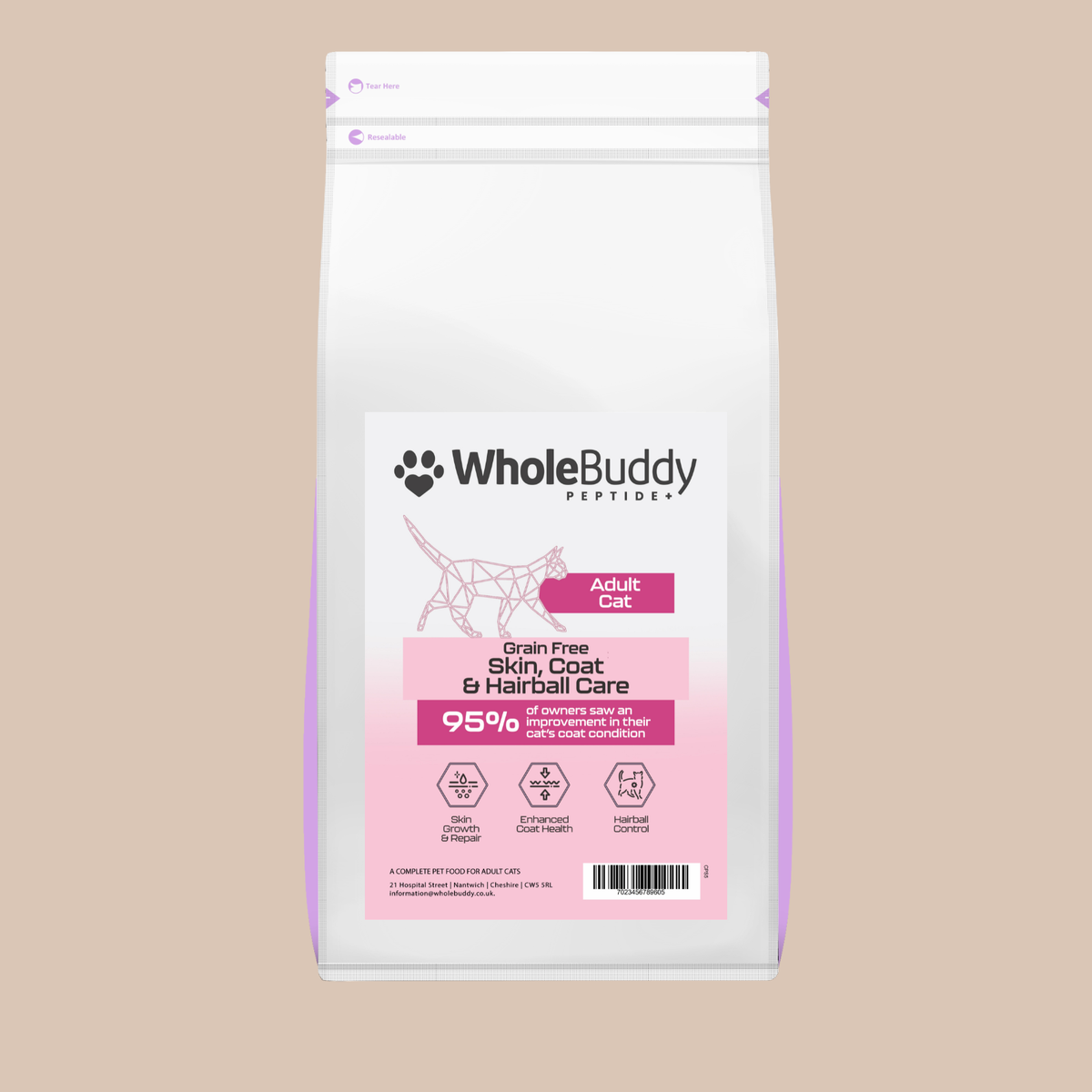 WholeBuddy Peptide+ Cat Skin, Coat & Hairball Care grain free dry cat food bag