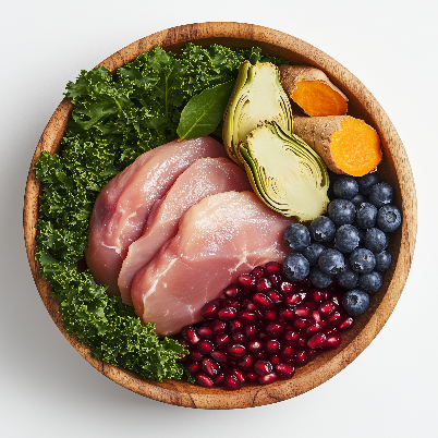 British Free-Range Chicken with Ginger, Pomegranate, Kale, Artichoke & Blueberry