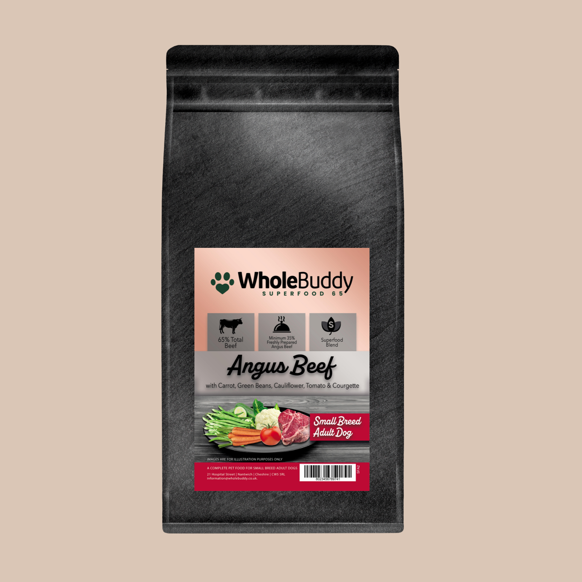 WholeBuddy Superfood 65 Angus Beef small breed adult dry dog food in a slate grey bag