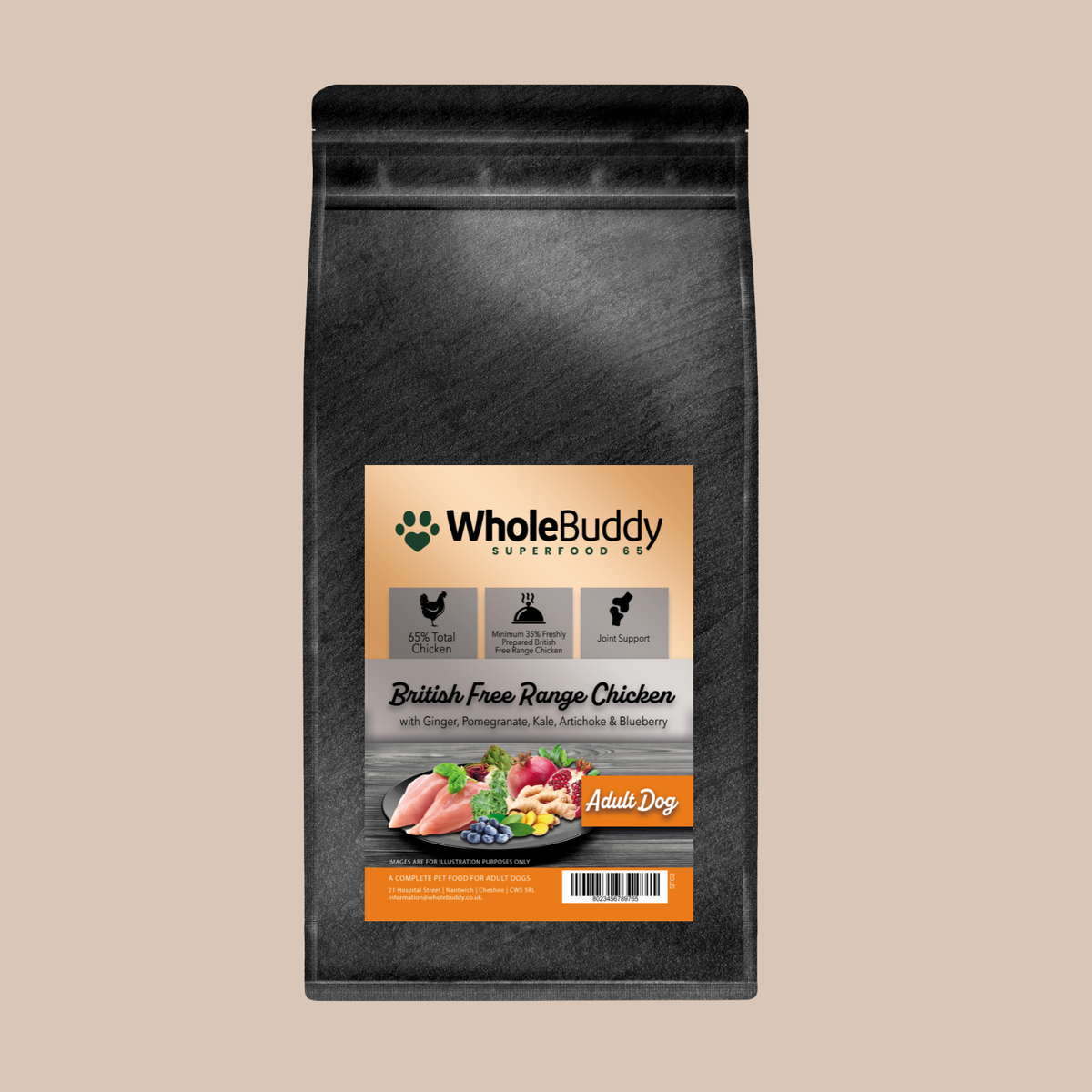 WholeBuddy Superfood 65 British Free Range Chicken adult dry dog food in a slate grey bag