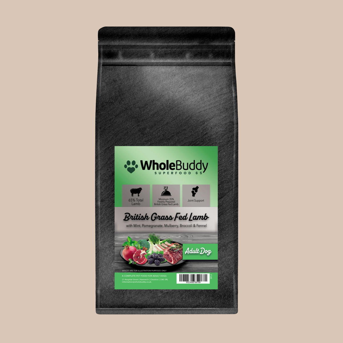 WholeBuddy Superfood 65 British Grass Fed Lamb adult dry dog food in a slate grey bag