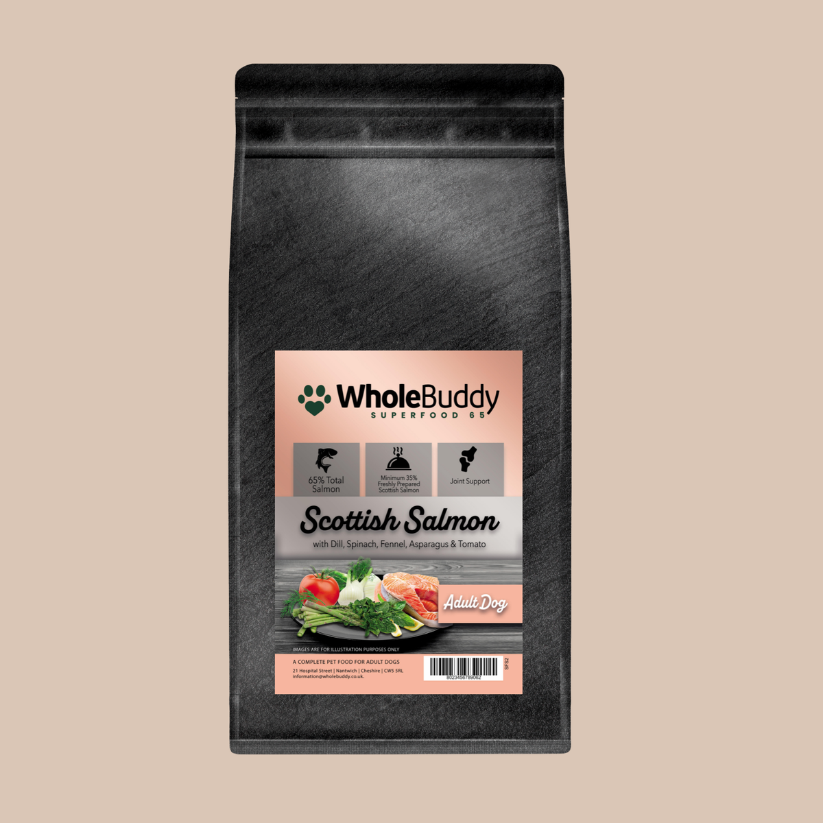 WholeBuddy Superfood 65 Scottish Salmon adult dry dog food in a slate grey bag