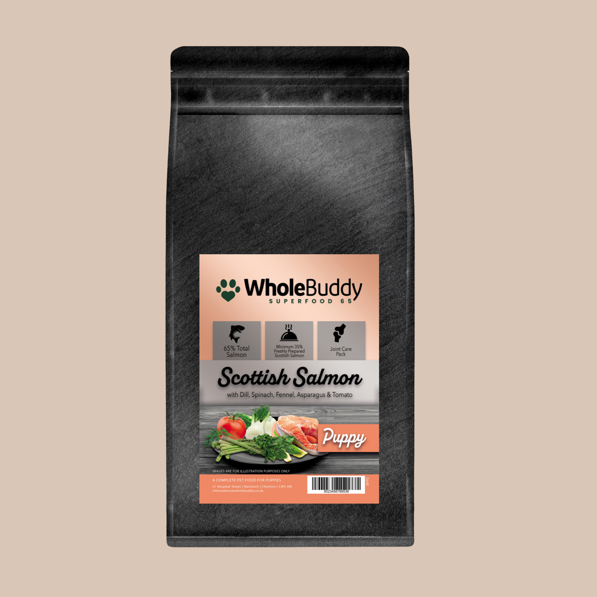 WholeBuddy Superfood 65 Scottish Salmon puppy dry food in a slate grey bag