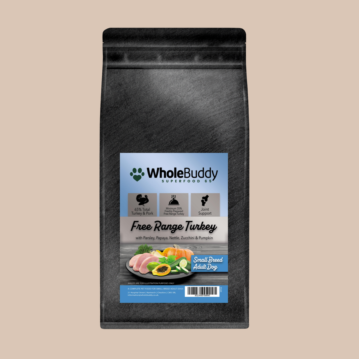 WholeBuddy Superfood 65 Free Range Turkey small breed adult dry dog food in a slate grey bag
