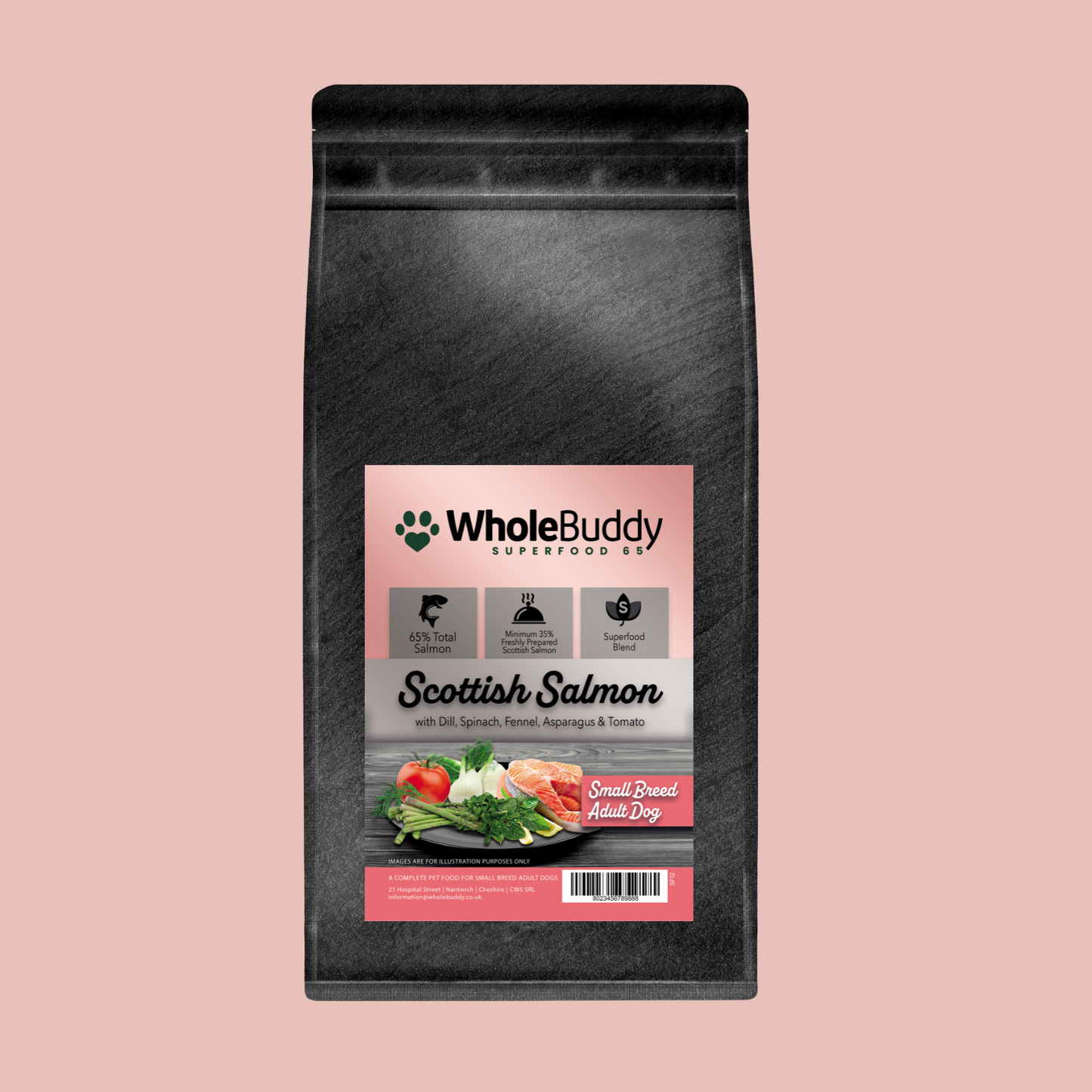 Black pet food package with 'WholeBuddy' label on a pink background