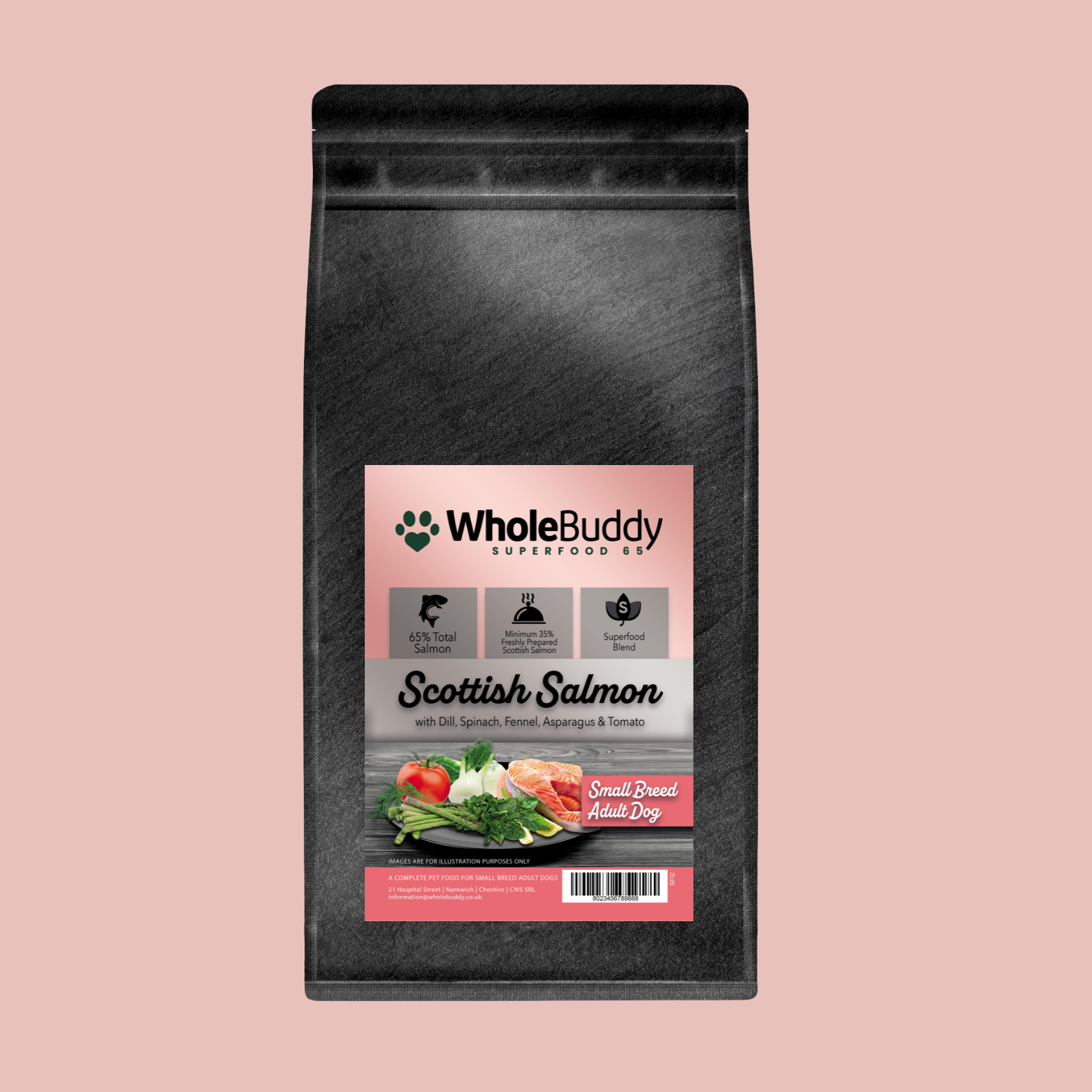 Black pet food package with 'WholeBuddy' label on a pink background