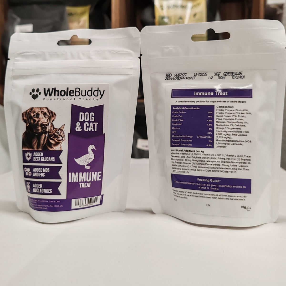 WholeBuddy Immune Treats pouch, front and back