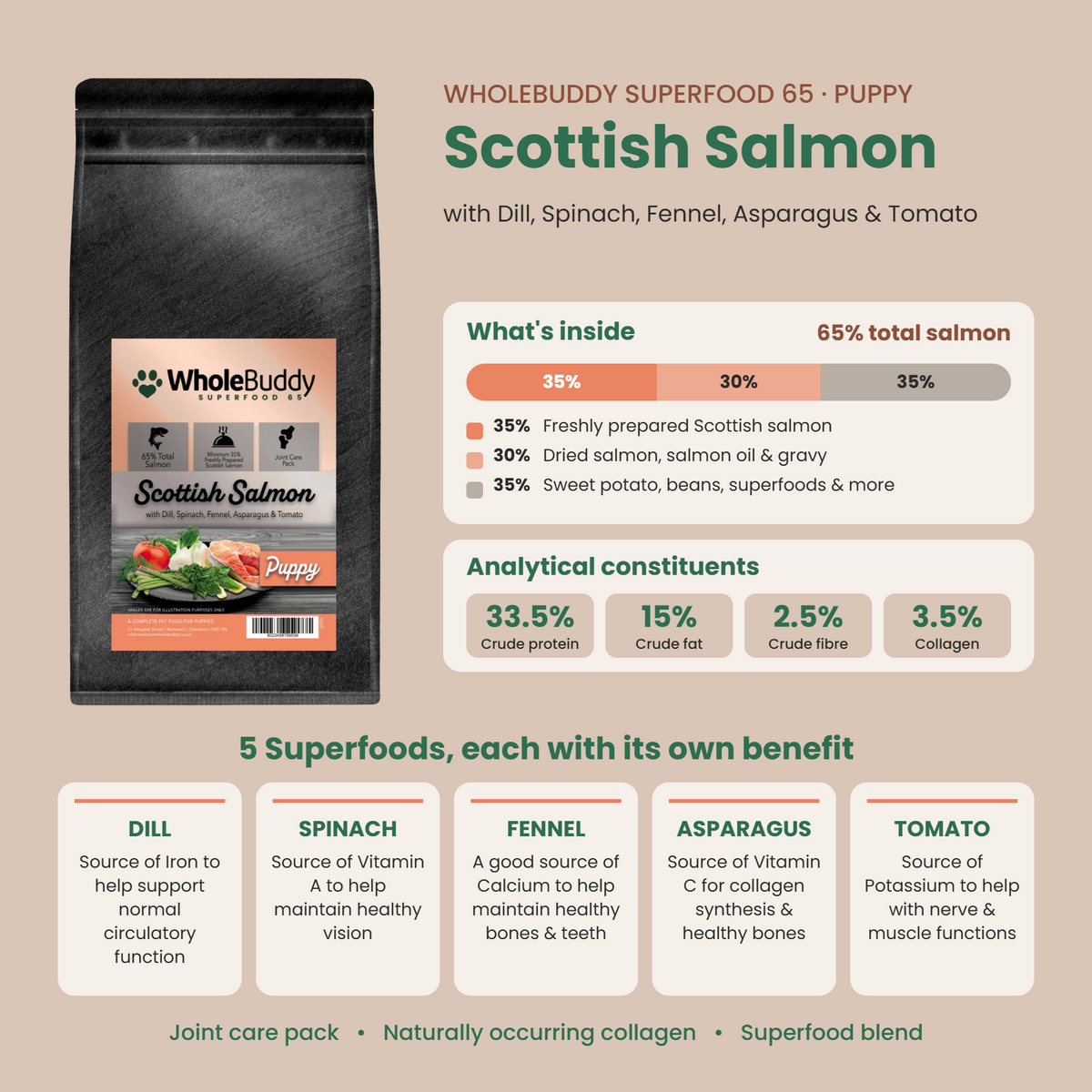 WholeBuddy Superfood 65 Scottish Salmon puppy: what's inside, analytical constituents and superfood benefits