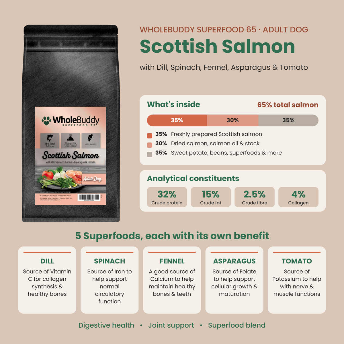 WholeBuddy Superfood 65 Scottish Salmon adult: what's inside, analytical constituents and superfood benefits