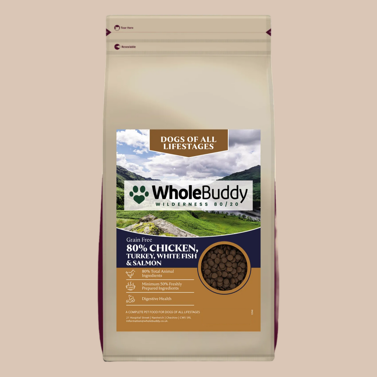 WholeBuddy Wilderness 80 Chicken, Turkey, White Fish & Salmon grain free dry dog food bag