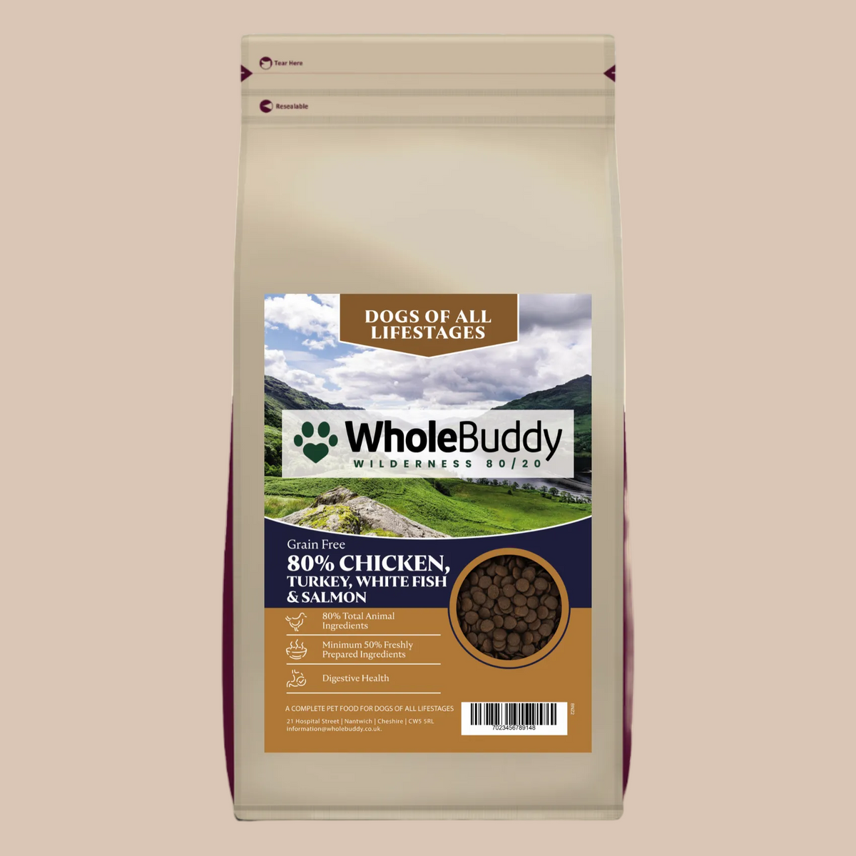 WholeBuddy Wilderness 80 Chicken, Turkey, White Fish & Salmon grain free dry dog food bag