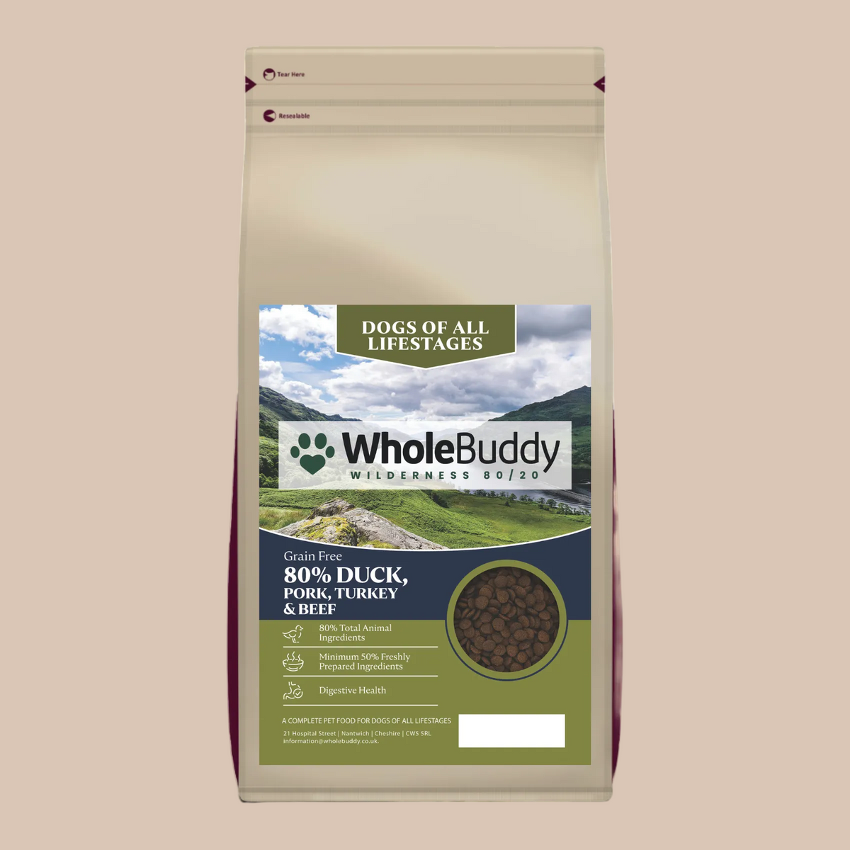WholeBuddy Wilderness 80 Duck, Pork, Turkey & Beef grain free dry dog food bag
