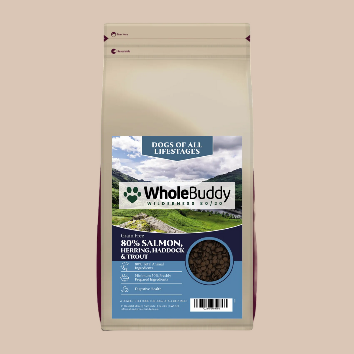 WholeBuddy Wilderness 80 Salmon, Herring, Haddock & Trout grain free dry dog food bag